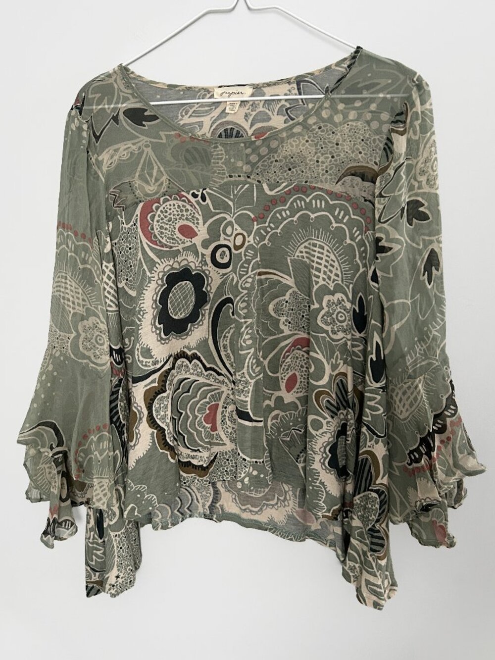 Boho Floral Print Blouse Sage Green Flowy Top Small Papier Anthropology Style
